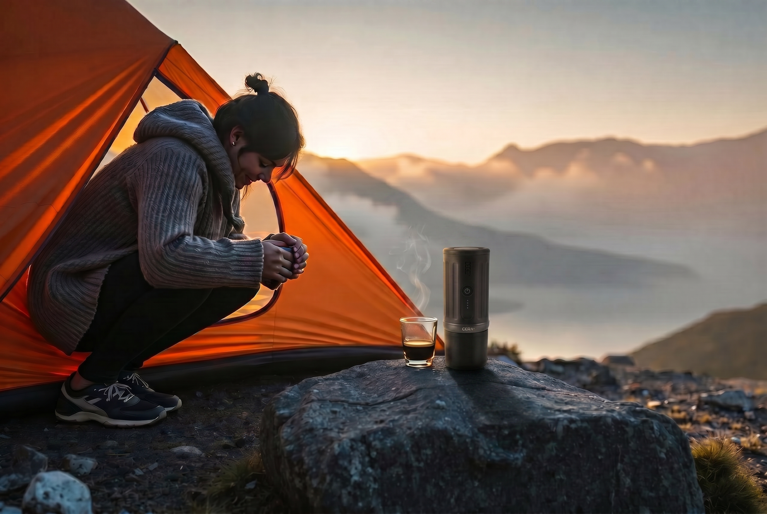 Person making espresso at an alpine campsite at dawn