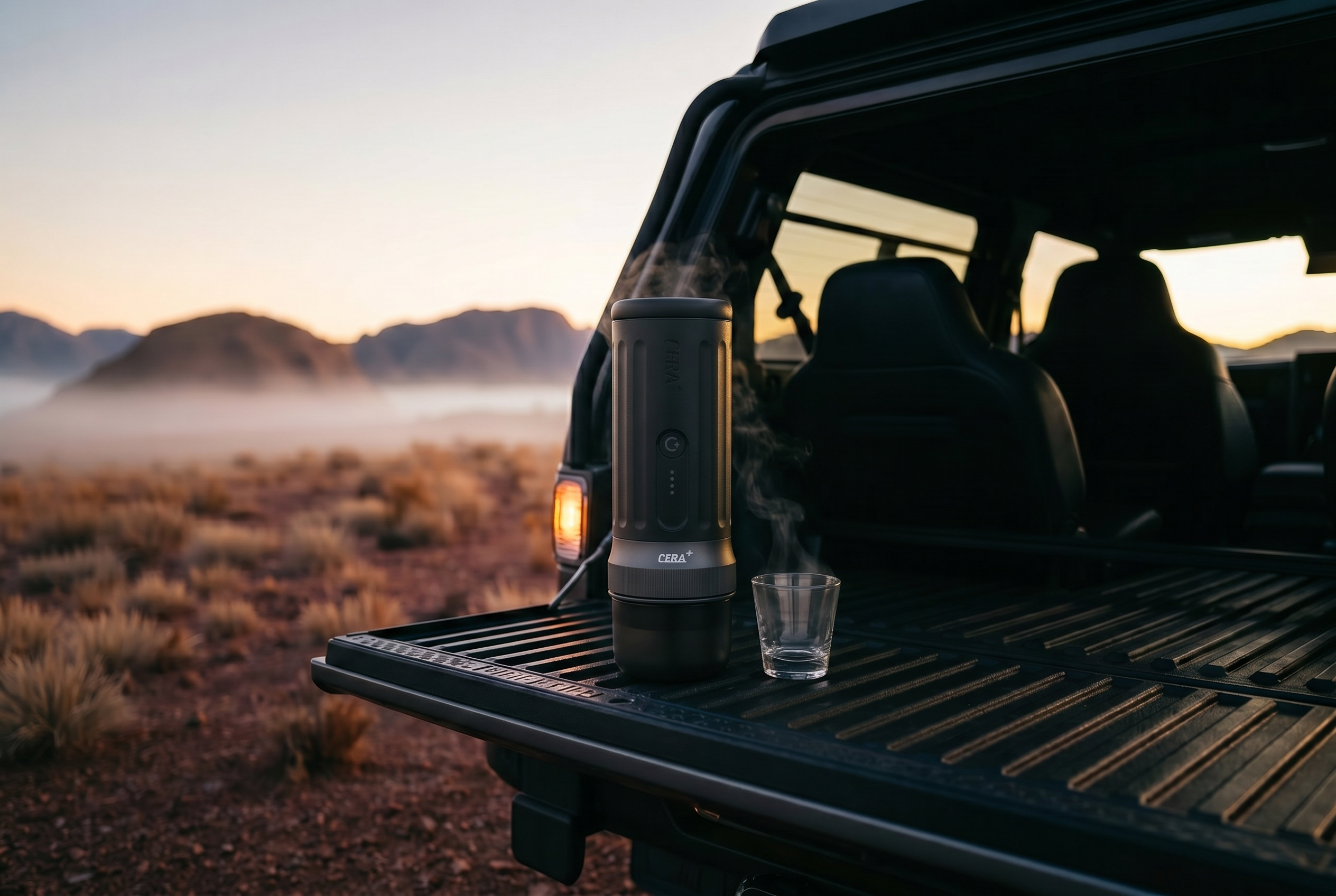 A 4WD parked on a remote Australian outback trail at dawn, a Cera+ portable espresso machine brewing on the tailgate